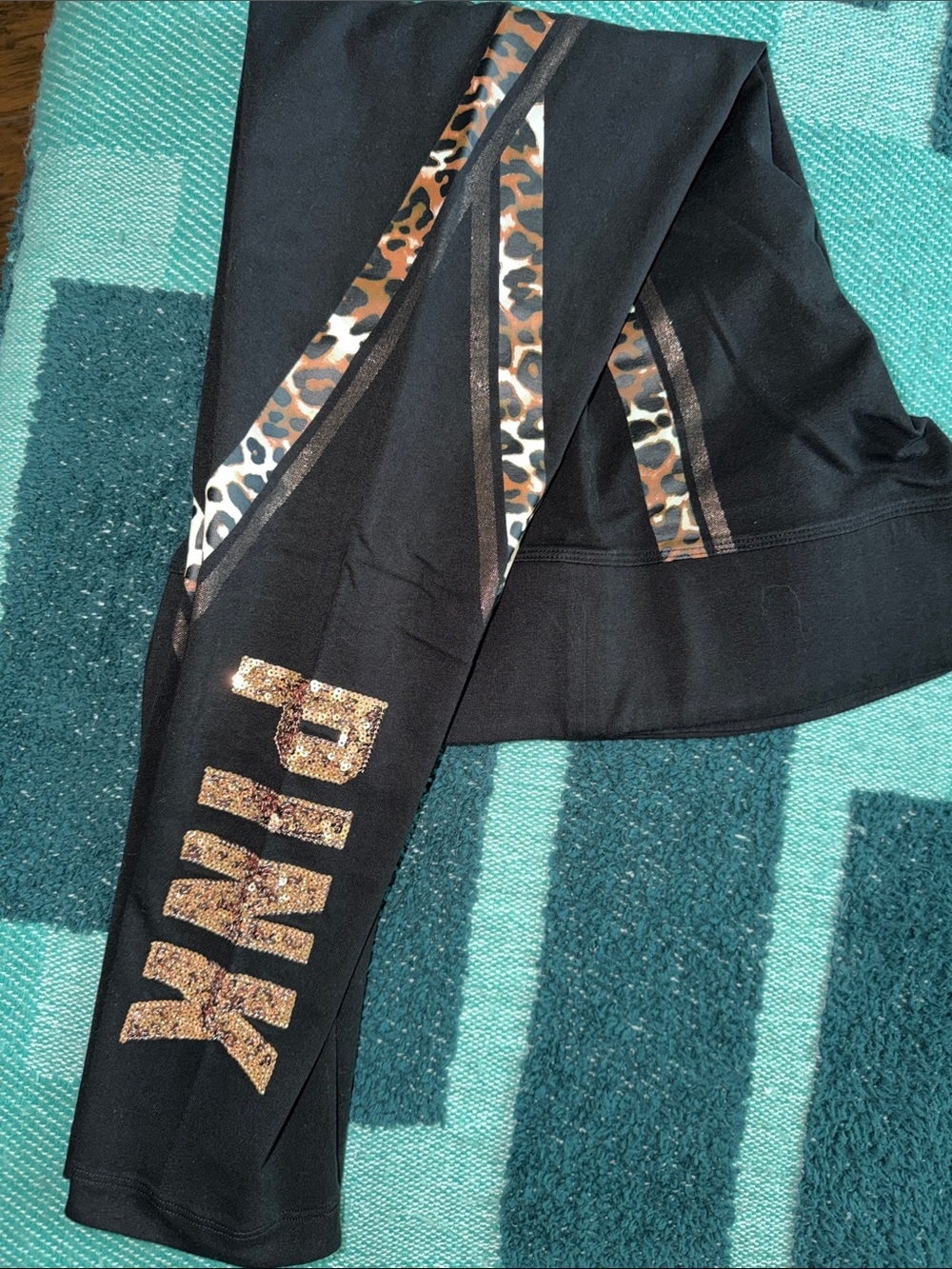 Black womans Leggings with Leopard Print and Sequin Accent
